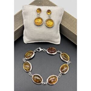 Baltic Amber 925 Sterling Silver Oval Bracelet 6.5” & Round Earrings 2pc Set